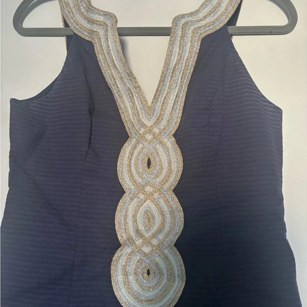 Elegant Navy Blue Dress with Gold Accents - Picture 3 of 4